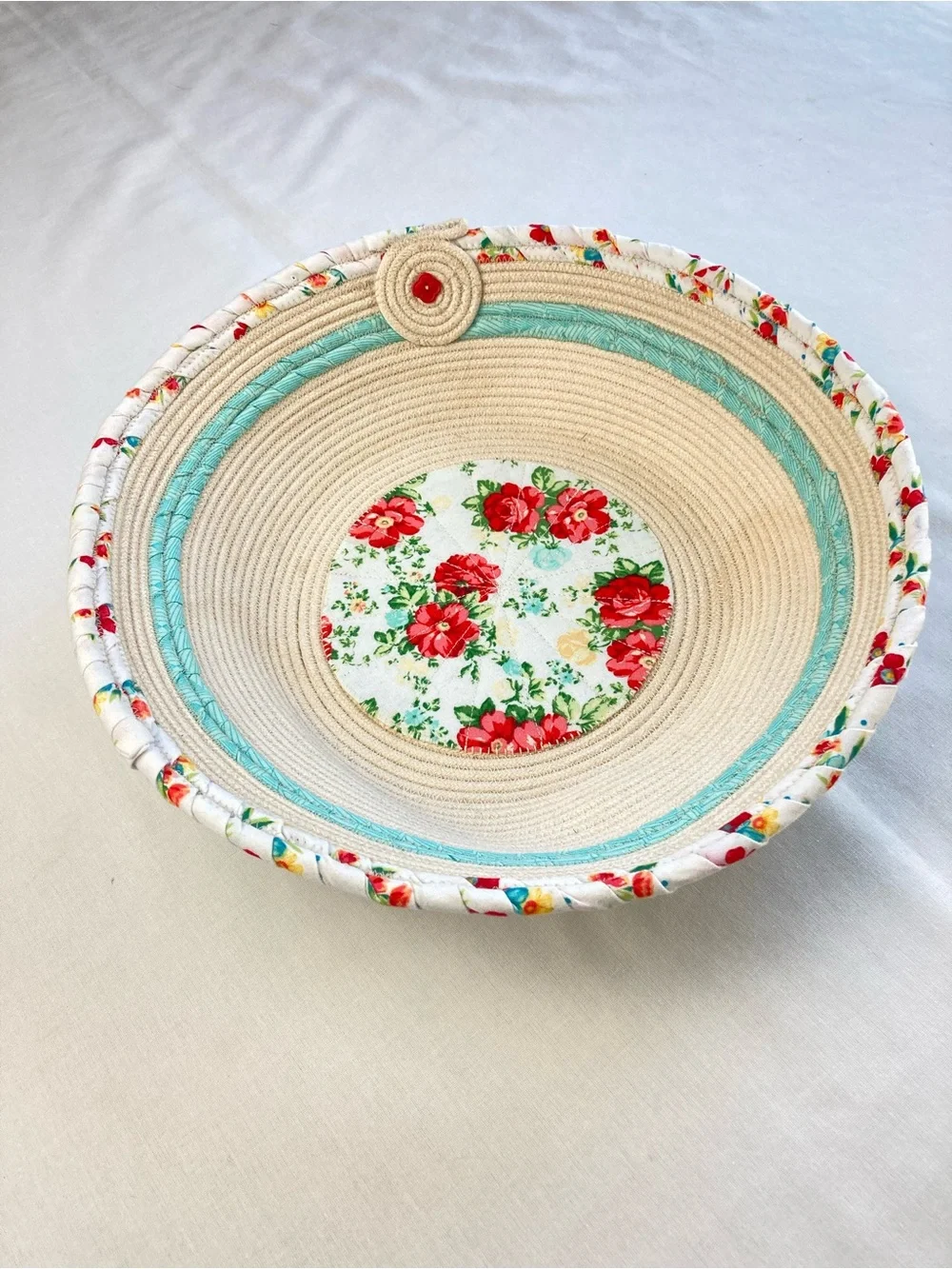 Handcrafted Coiled Fabric Floral Rope Bowl Farmhouse Pioneer Woman